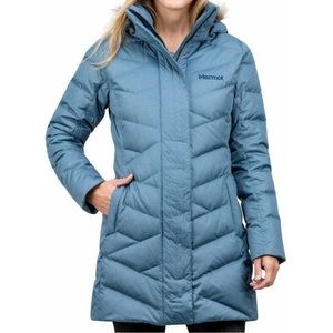 Marmot Worn twice Varma Jacket Long Down Faux Fur Hood Storm Cloud Women Size L